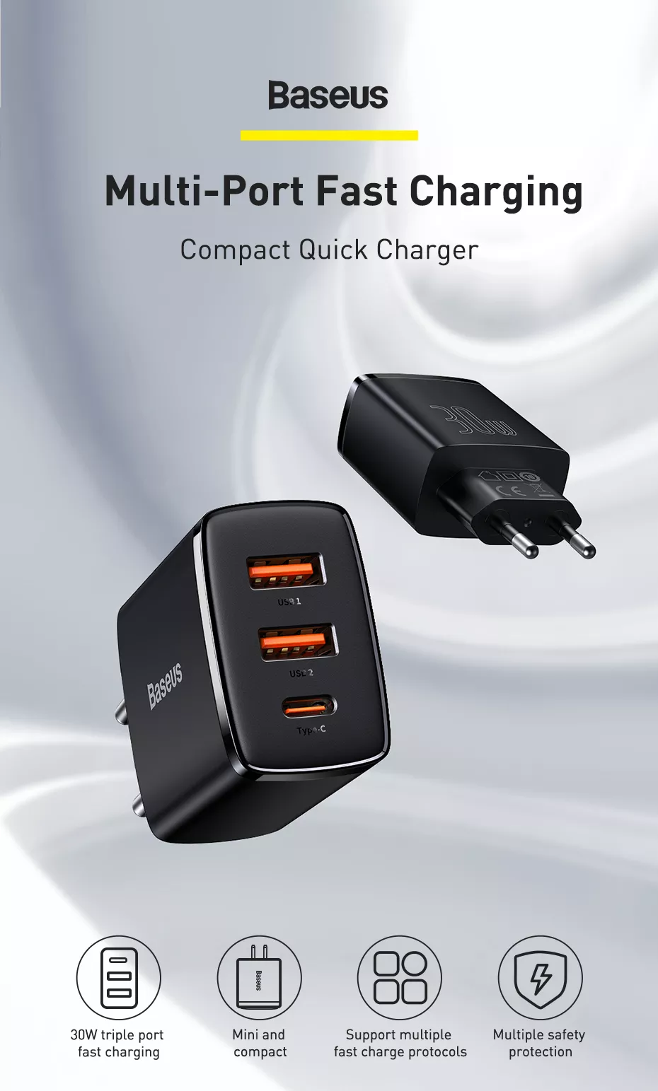 Cu Sac Nhanh Sieu Nho Gon Baseus Compact Quick Charger 30wusb Dual Port Type C30w Pd Qc3 0 Multi Quick Charge Support (10)